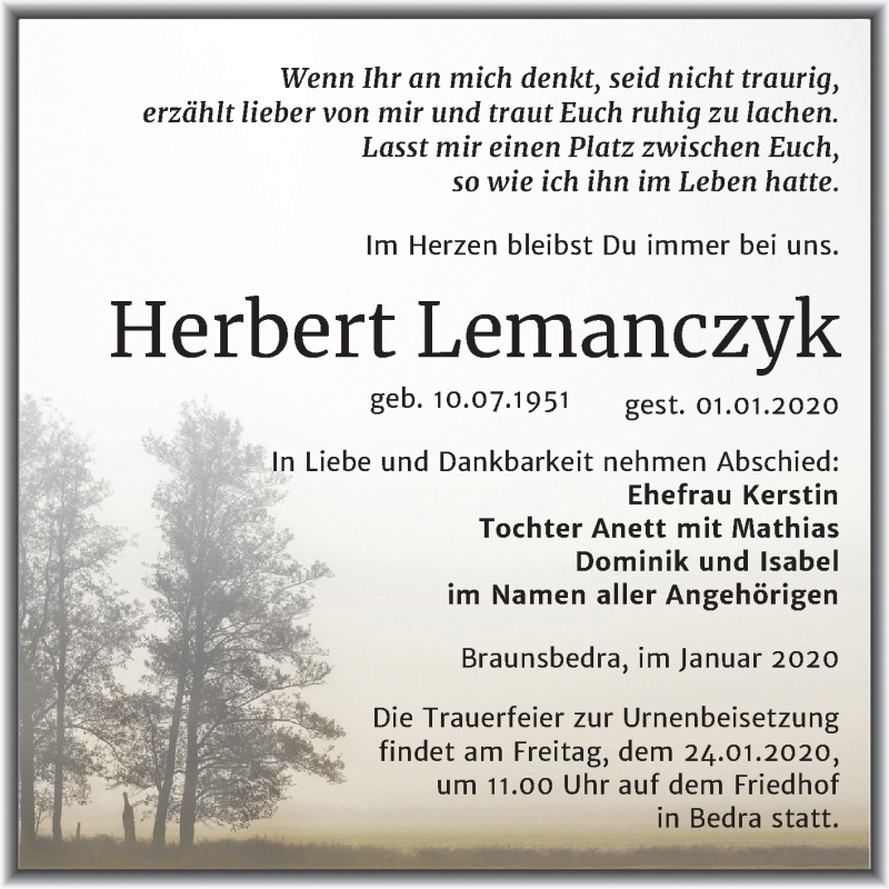  Traueranzeige für Herbert Lemanczyk vom 11.01.2020 aus Mitteldeutsche Zeitung Merseburg/Querfurt