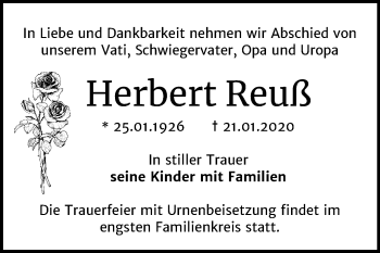 Traueranzeige von Herbert Reuß von Mitteldeutsche Zeitung Bernburg