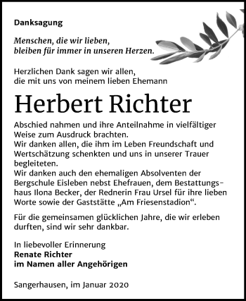 Traueranzeige von Herbert Richter von Super Sonntag Sangerhausen