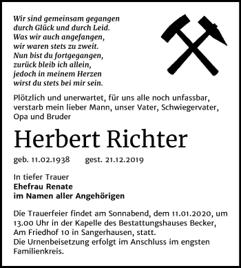 Traueranzeige von Herbert Richter von Mitteldeutsche Zeitung Sangerhausen