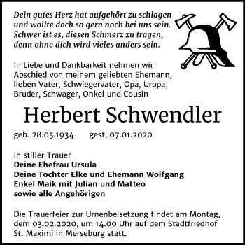 Traueranzeige von Herbert Schwendler von Mitteldeutsche Zeitung Merseburg/Querfurt
