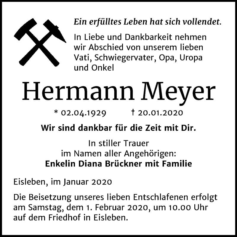  Traueranzeige für Hermann Meyer vom 25.01.2020 aus Mitteldeutsche Zeitung Mansfelder Land