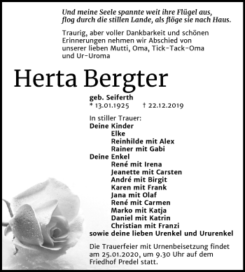 Traueranzeige von Herta Bergter von Super Sonntag Zeitz