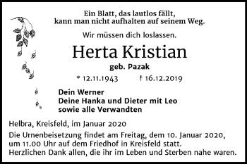 Traueranzeige von Herta Kristian von Mitteldeutsche Zeitung Mansfelder Land