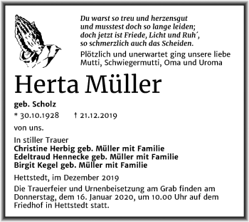 Traueranzeige von Herta Müller von Super Sonntag Mansfelder Land