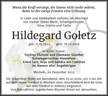 Traueranzeige von Hildegard Goletz von Super Sonntag Merseburg/Querfurt