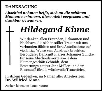 Traueranzeige von Hildegard Kinne von Wochenspiegel Aschersleben