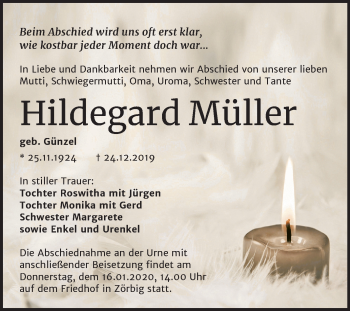 Traueranzeige von Hildegard Müller von Wochenspiegel Bitterfeld