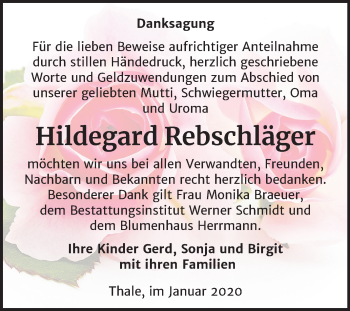 Traueranzeige von Hildegard Rebschläger von Mitteldeutsche Zeitung Quedlinburg
