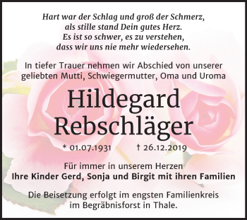 Traueranzeige von Hildegard Rebschläger von Mitteldeutsche Zeitung Quedlinburg
