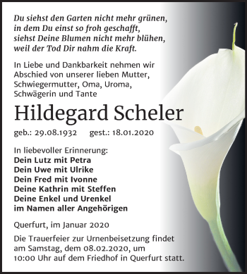 Traueranzeige von Hildegard Scheler von Mitteldeutsche Zeitung Merseburg/Querfurt