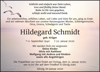 Traueranzeige von Hildegard Schmidt von Mitteldeutsche Zeitung Köthen
