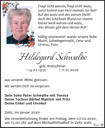 Traueranzeige von Hildegard Schwalbe von Mitteldeutsche Zeitung Zeitz