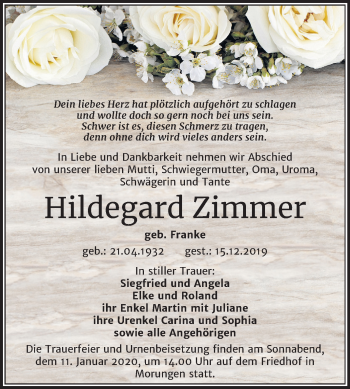 Traueranzeige von Hildegard Zimmer von Wochenspiegel Sangerhausen