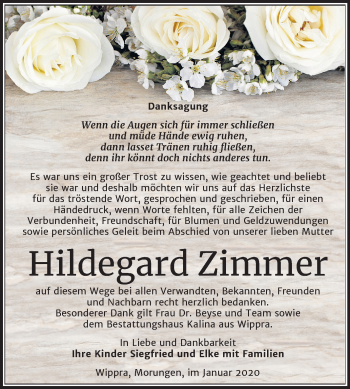 Traueranzeige von Hildegard Zimmer von Mitteldeutsche Zeitung Sangerhausen
