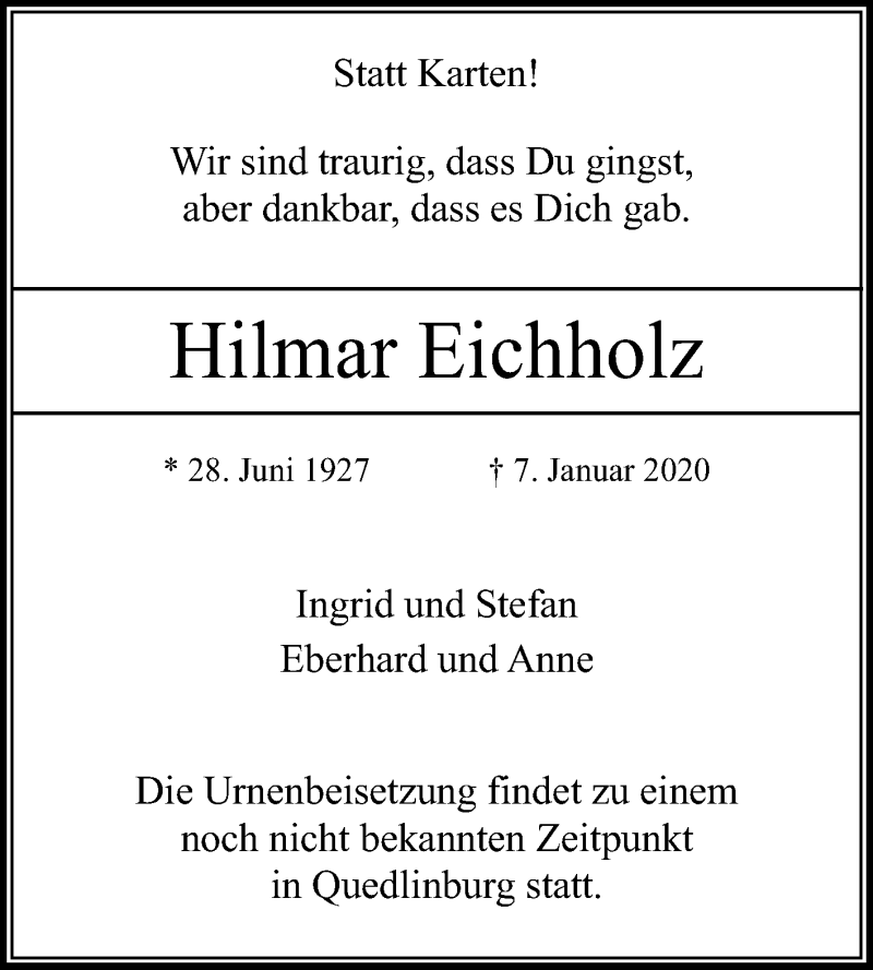  Traueranzeige für Hilmar Eichholz vom 15.01.2020 aus Mitteldeutsche Zeitung Quedlinburg