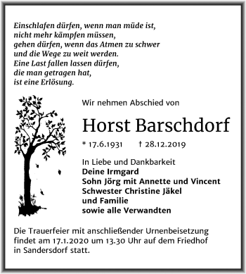 Traueranzeige von Horst Barschdorf von Mitteldeutsche Zeitung Bitterfeld