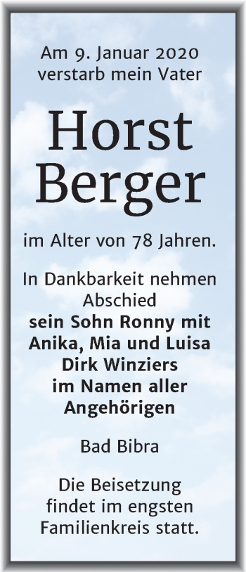 Traueranzeige von Horst Berger von Mitteldeutsche Zeitung Naumburg/Nebra