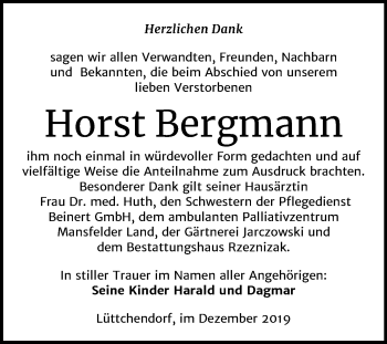 Traueranzeige von Horst Bergmann von Mitteldeutsche Zeitung Mansfelder Land