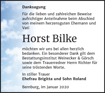 Traueranzeige von Horst Bilke von Super Sonntag Bernburg