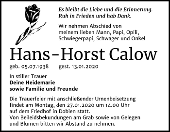 Traueranzeige von Horst Calow von Super Sonntag Wittenberg