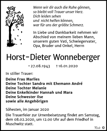 Traueranzeige von Horst-Dieter Wonneberger von Wochenspiegel Weißenfels