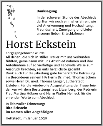 Traueranzeige von Horst Eckstein von Wochenspiegel Mansfelder Land