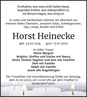Traueranzeige von Horst Heinecke von Mitteldeutsche Zeitung Bitterfeld