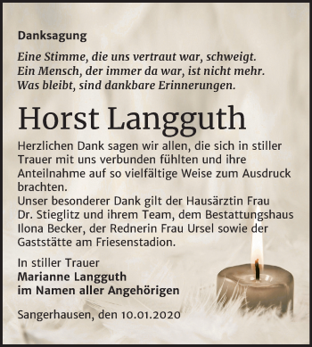 Traueranzeige von Horst Langguth von Mitteldeutsche Zeitung Sangerhausen