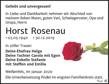 Traueranzeige von Horst Rosenau von Mitteldeutsche Zeitung Weißenfels