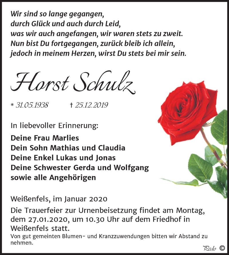  Traueranzeige für Horst Schulz vom 11.01.2020 aus Mitteldeutsche Zeitung Weißenfels