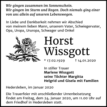 Traueranzeige von Horst Wissgott von Mitteldeutsche Zeitung Quedlinburg