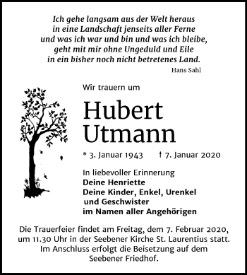 Traueranzeige von Hubert Utmann von Mitteldeutsche Zeitung Halle/Saalkreis