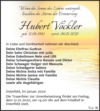 Traueranzeige von Hubert Vöckler von Mitteldeutsche Zeitung Zeitz