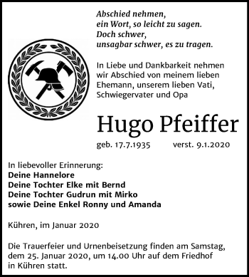 Traueranzeige von Hugo Pfeiffer von Super Sonntag Köthen