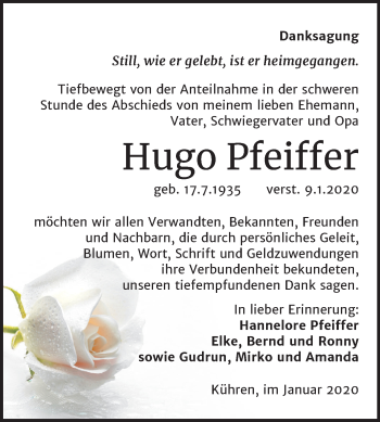Traueranzeige von Hugo Pfeiffer von Mitteldeutsche Zeitung Köthen