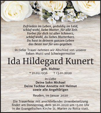 Traueranzeige von Ida Hildegard Kunert von Mitteldeutsche Zeitung Wittenberg