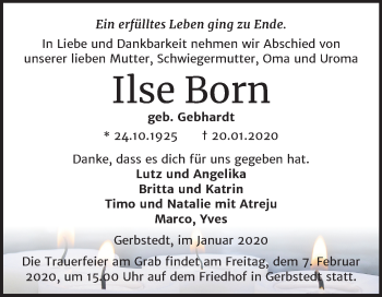 Traueranzeige von Ilse Born von Mitteldeutsche Zeitung Mansfelder Land