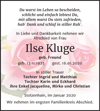 Traueranzeige von Ilse Kluge von Super Sonntag Zeitz