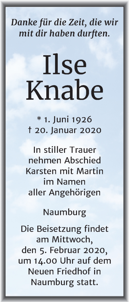  Traueranzeige für Ilse Knabe vom 25.01.2020 aus Mitteldeutsche Zeitung Naumburg/Nebra