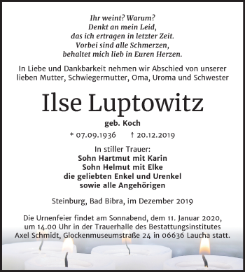Traueranzeige von Ilse Luptowitz von Wochenspiegel Naumburg/Nebra