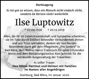 Traueranzeige von Ilse Luptowitz von Wochenspiegel Naumburg/Nebra