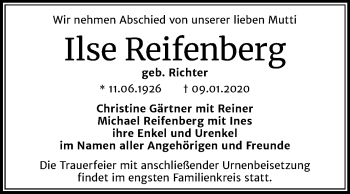 Traueranzeige von Ilse Reifenberg von Mitteldeutsche Zeitung Halle/Saalkreis