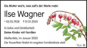 Traueranzeige von Ilse Wagner von Wochenspiegel Weißenfels