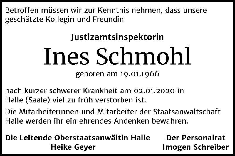  Traueranzeige für Ines Schmohl vom 24.01.2020 aus Mitteldeutsche Zeitung Halle/Saalkreis
