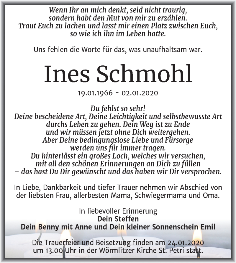  Traueranzeige für Ines Schmohl vom 18.01.2020 aus Mitteldeutsche Zeitung Halle/Saalkreis