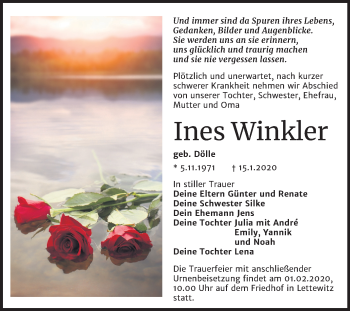 Traueranzeige von Ines Winkler von Mitteldeutsche Zeitung Köthen