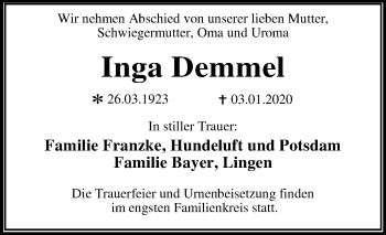 Traueranzeige von Inga Demmel von Mitteldeutsche Zeitung Dessau-Roßlau