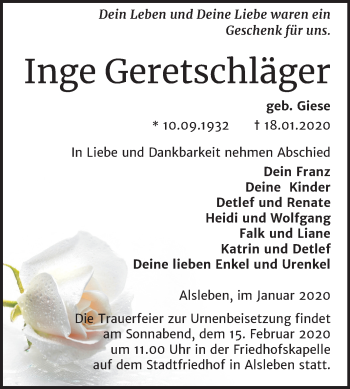 Traueranzeige von Inge Geretschläger von Mitteldeutsche Zeitung Bernburg