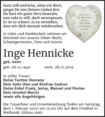 Traueranzeige von Inge Hennicke von Super Sonntag Köthen